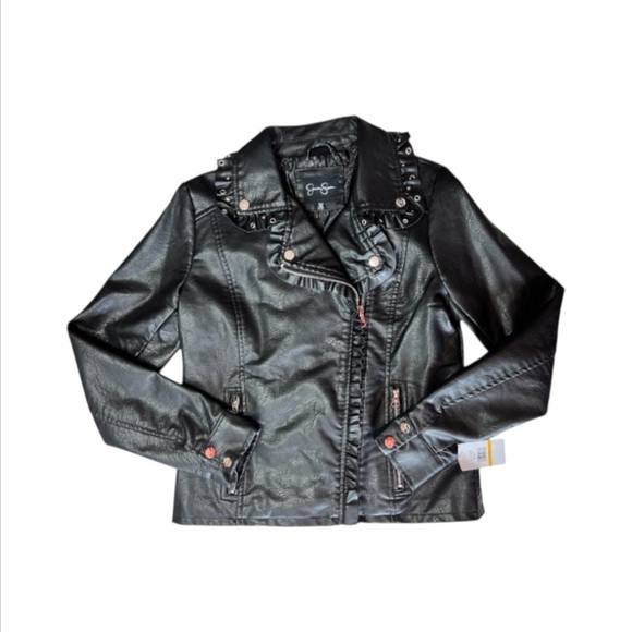 NWT Jessica Simpson Ruffled Black Faux Moto Leather Jacket Size Small - Picture 11 of 16